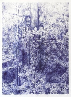 Oracle of Bastet, dessin au stylo bleu d'un paysage forestier avec arbres