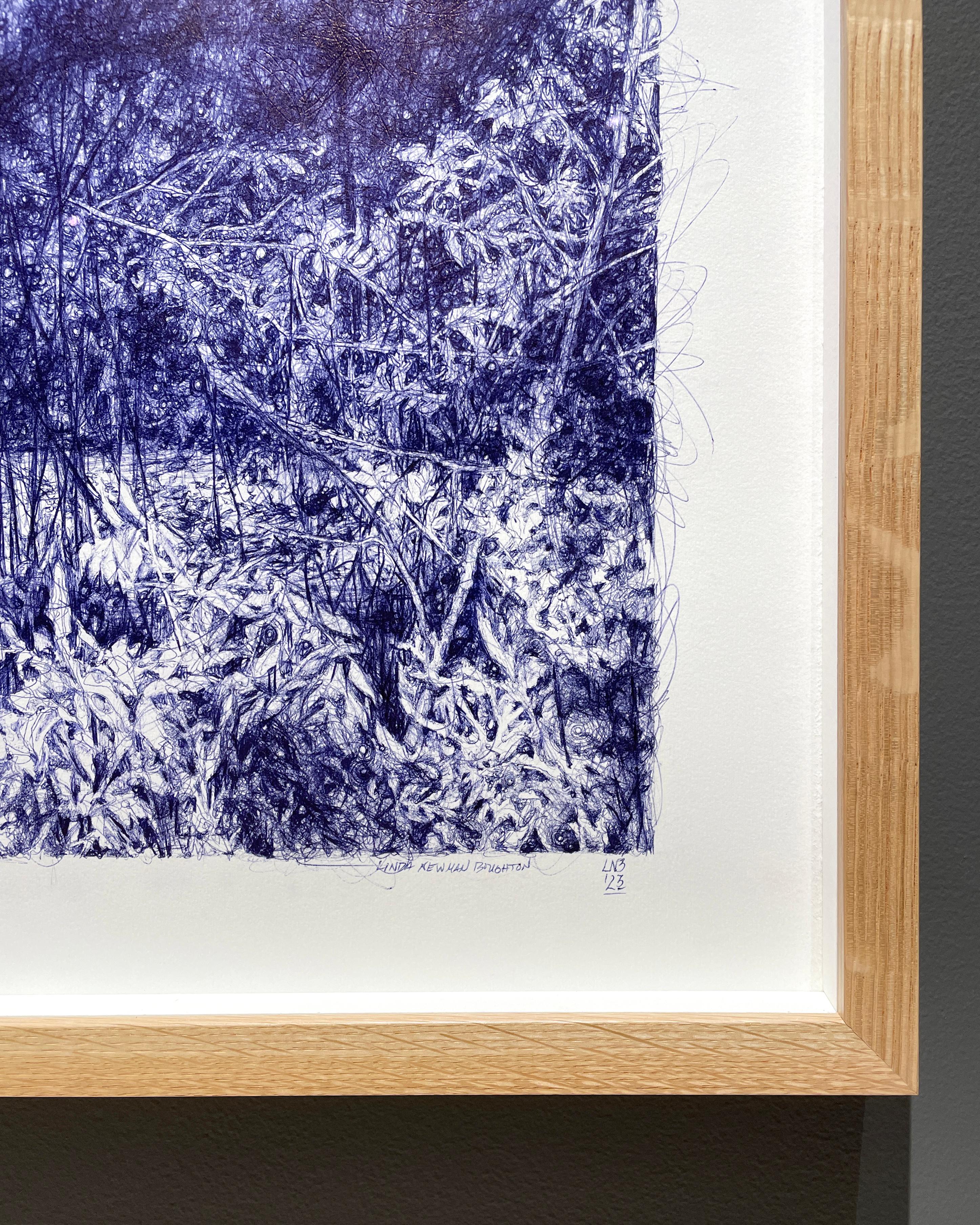 Oracle of Bastet, dessin au stylo bleu d'un paysage forestier avec arbres - Violet Landscape Art par Linda Newman Boughton