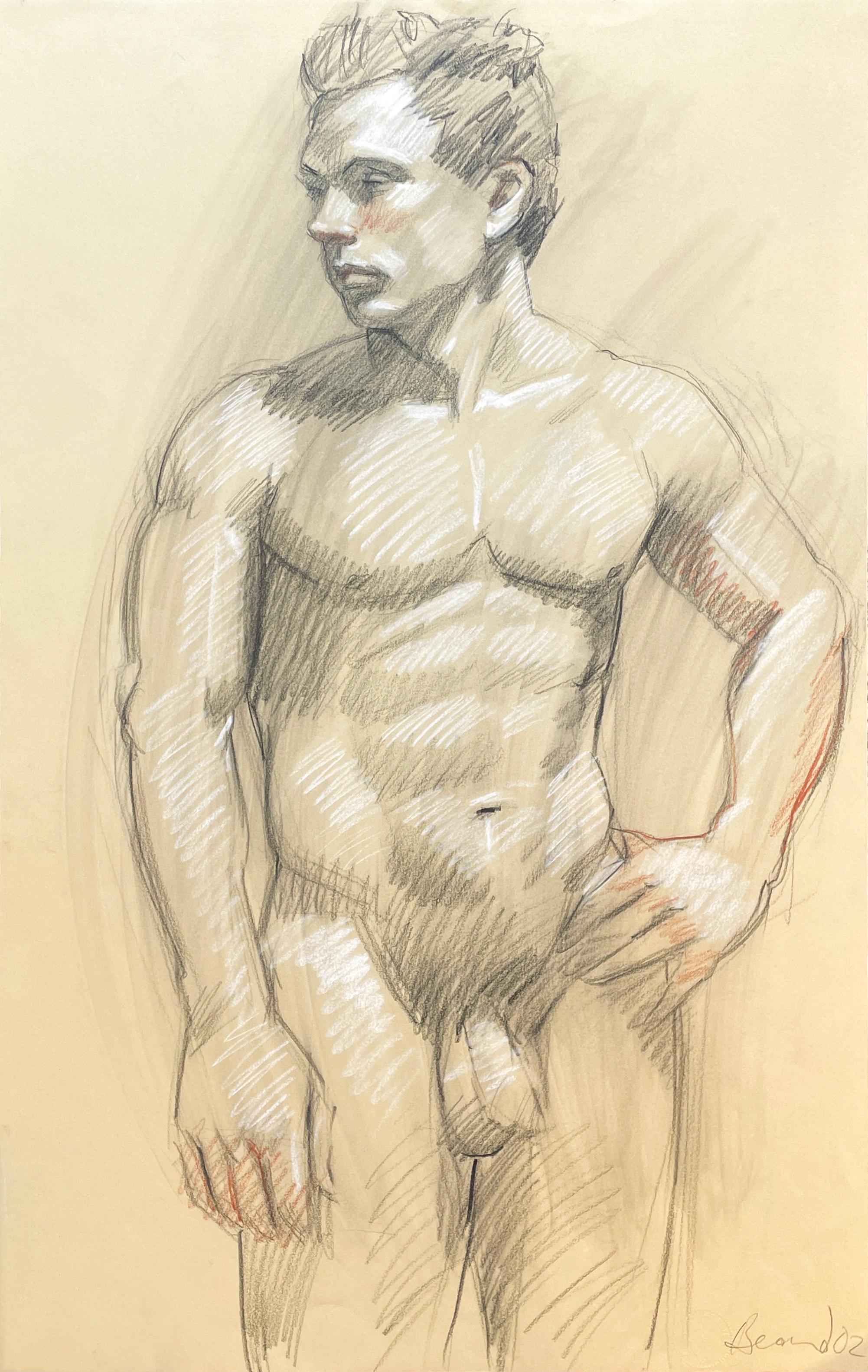 Academic life drawing of male nude with charcoal and graphite by Mark Beard, "MB 018"
graphite, Conte crayon and charcoal on Arches paper
30 x 19 inches unframed
Signed, lower right

Strong facial features and upper body muscles are evidence of the