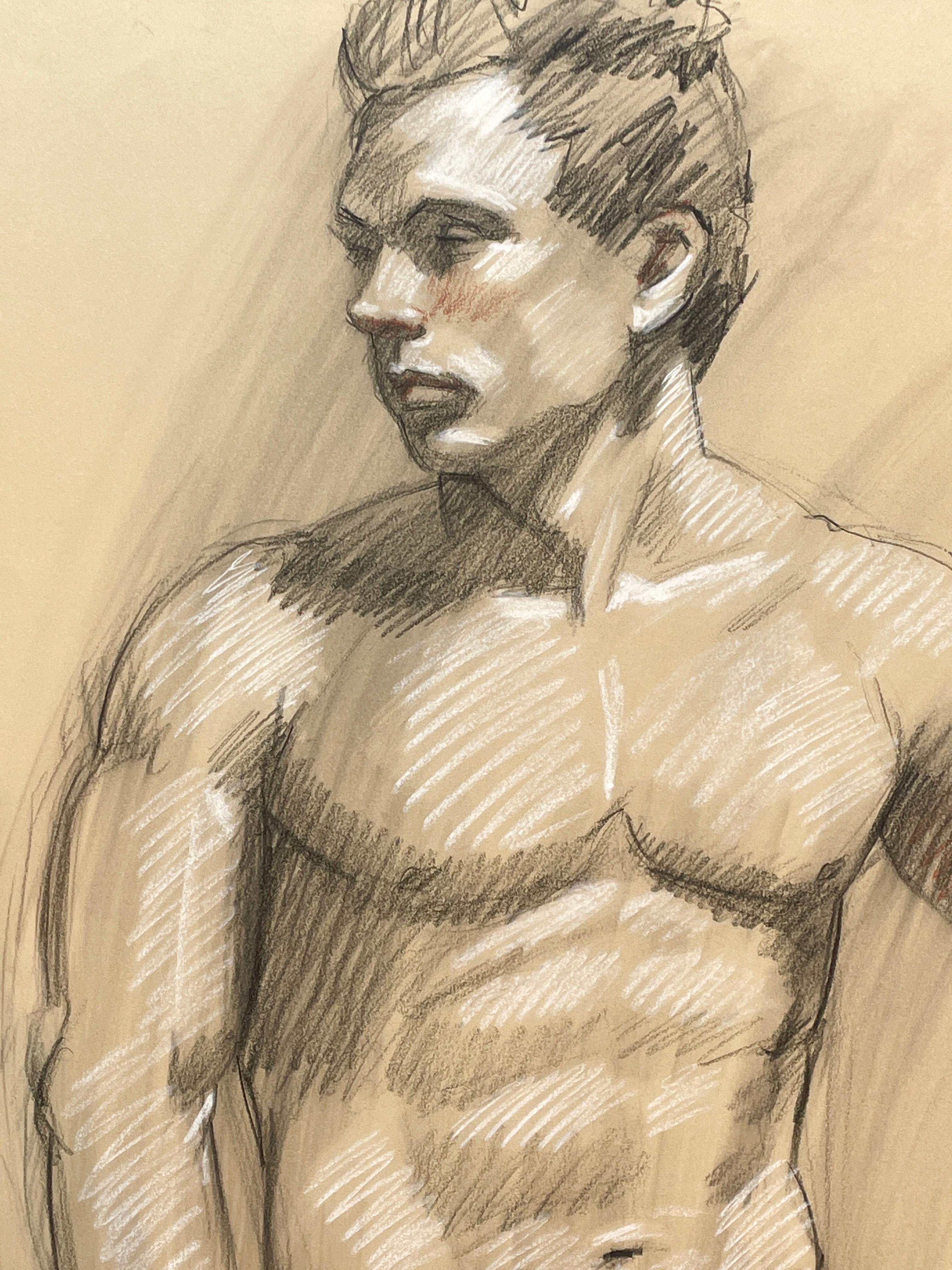 MB 018 (Figurative Life Drawing of Handsome Male Nude by Mark Beard)  For Sale 1