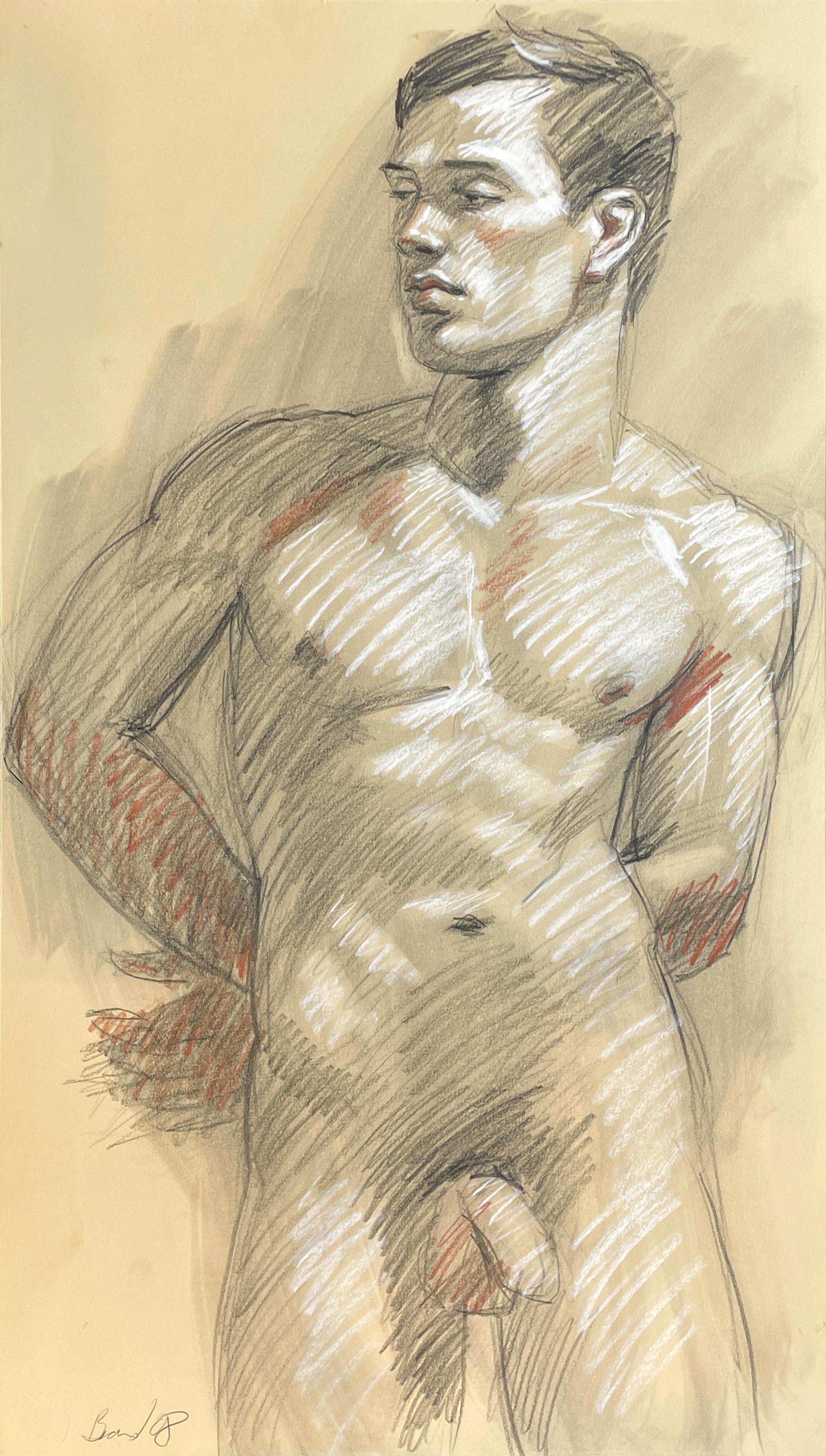 Academic life drawing of male nude with charcoal and graphite by Mark Beard, "MB 023"
graphite, Conte crayon and charcoal on Arches paper
30.5 x 17.5 inches unframed
Signed, lower left

Strong facial features and upper body muscles are evidence of