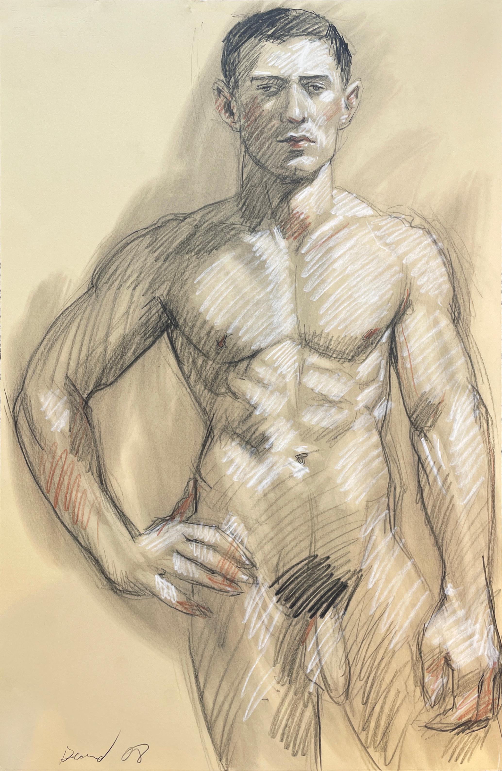 Academic life drawing of male nude with charcoal and graphite by Mark Beard
graphite, Conte crayon and charcoal on Arches paper
30 x 19.5 inches unframed
Signed, lower left

Strong facial features and upper body muscles are evidence of the artist's