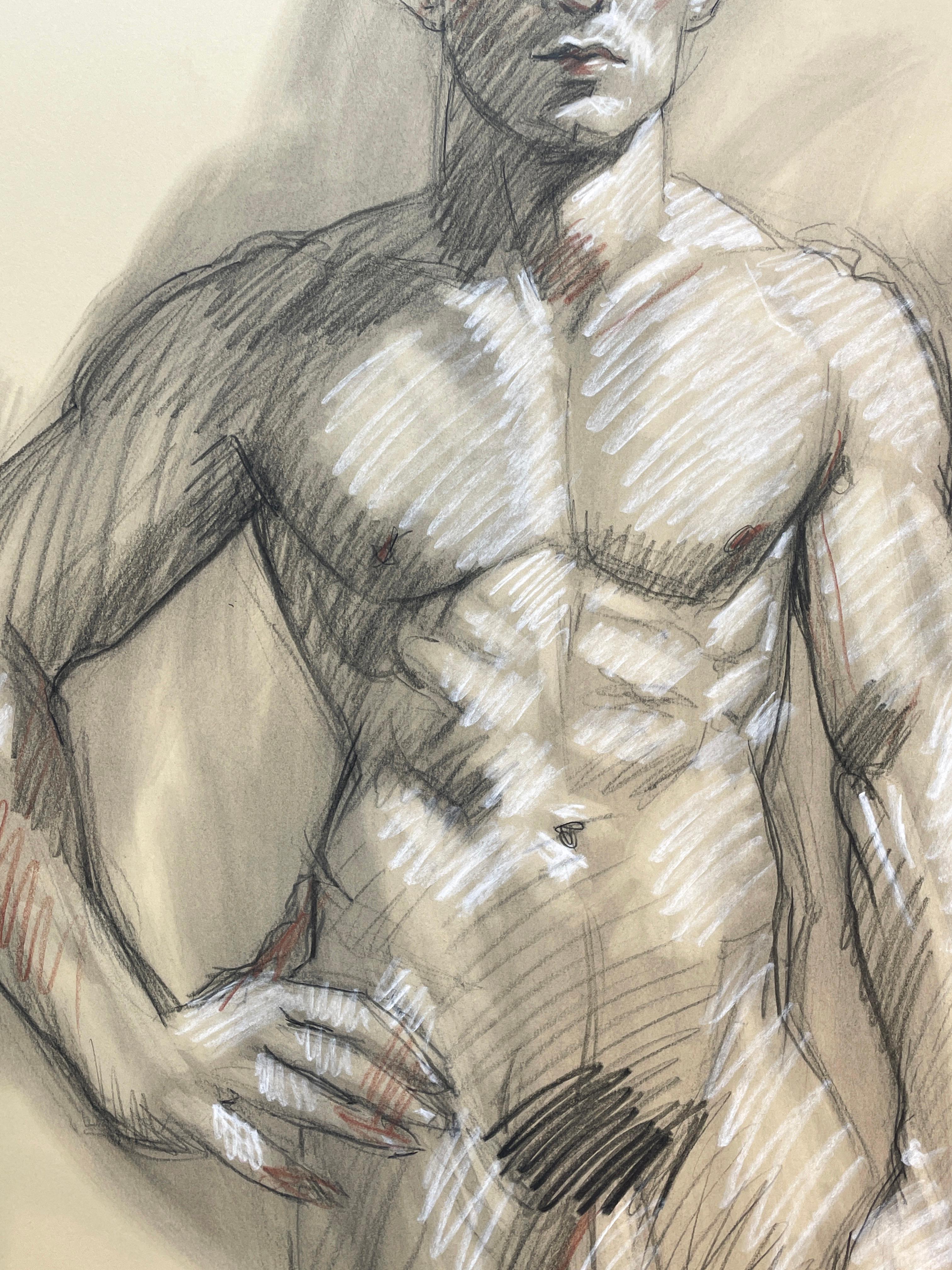 Figure Drawing by Mark Beard (Stoic, Muscular Male Nude Charcoal Life Drawing) For Sale 1