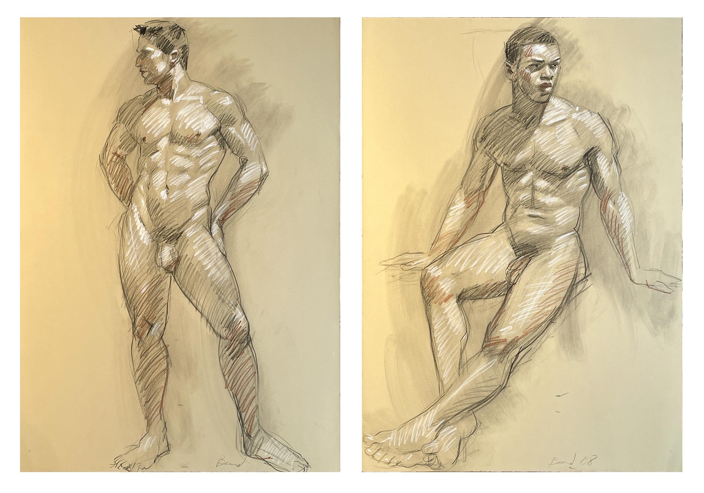 Figurative, academic style life drawing of male nude with charcoal and graphite by Mark Beard, "MB 824"
graphite, Conte crayon and charcoal on Arches paper
30.5 x 21 inches unframed
Signed, lower center

Strong facial features and upper body muscles