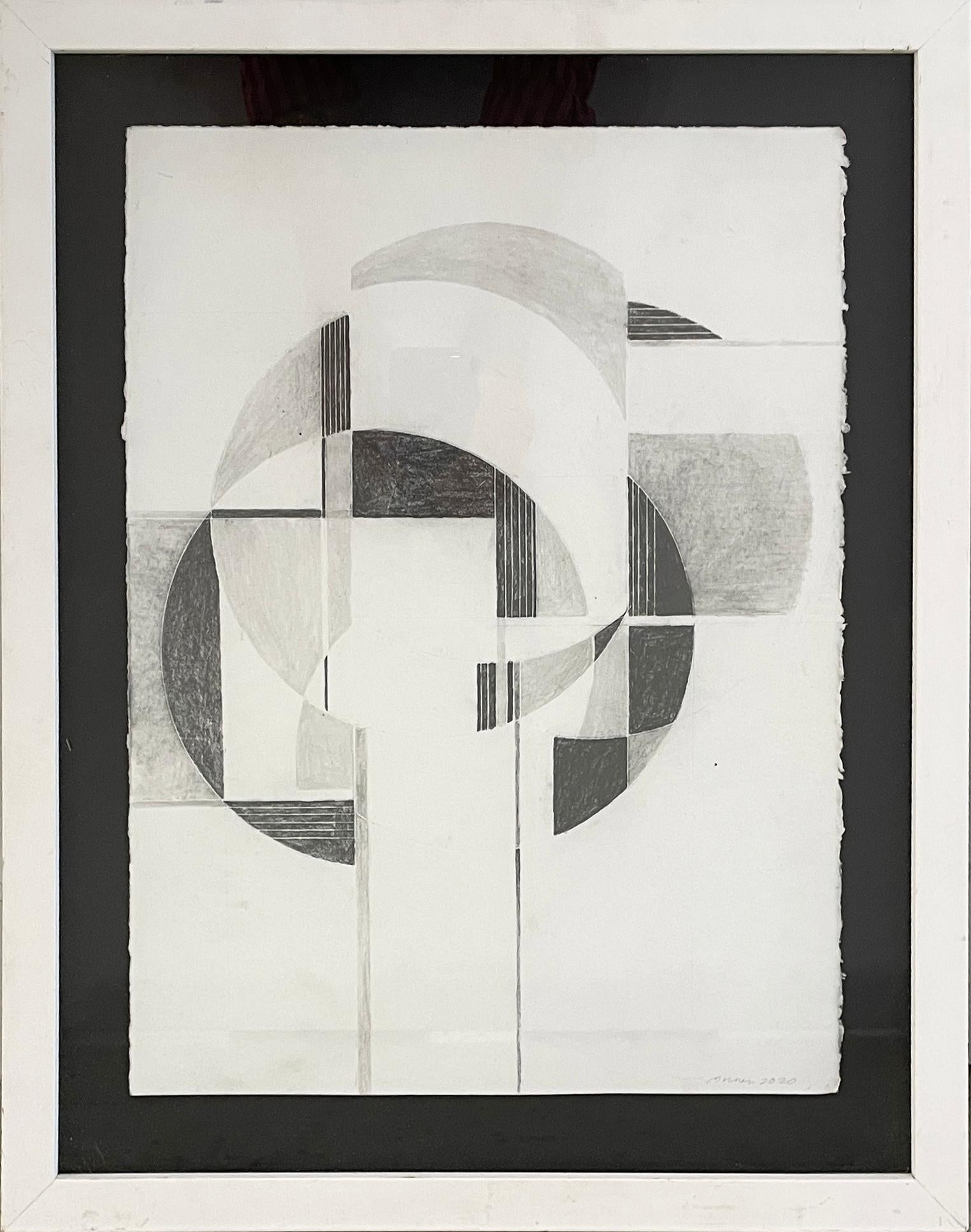 Oculus III (Dibujo enmarcado sobre papel de abstracción geométrica en blanco y negro)