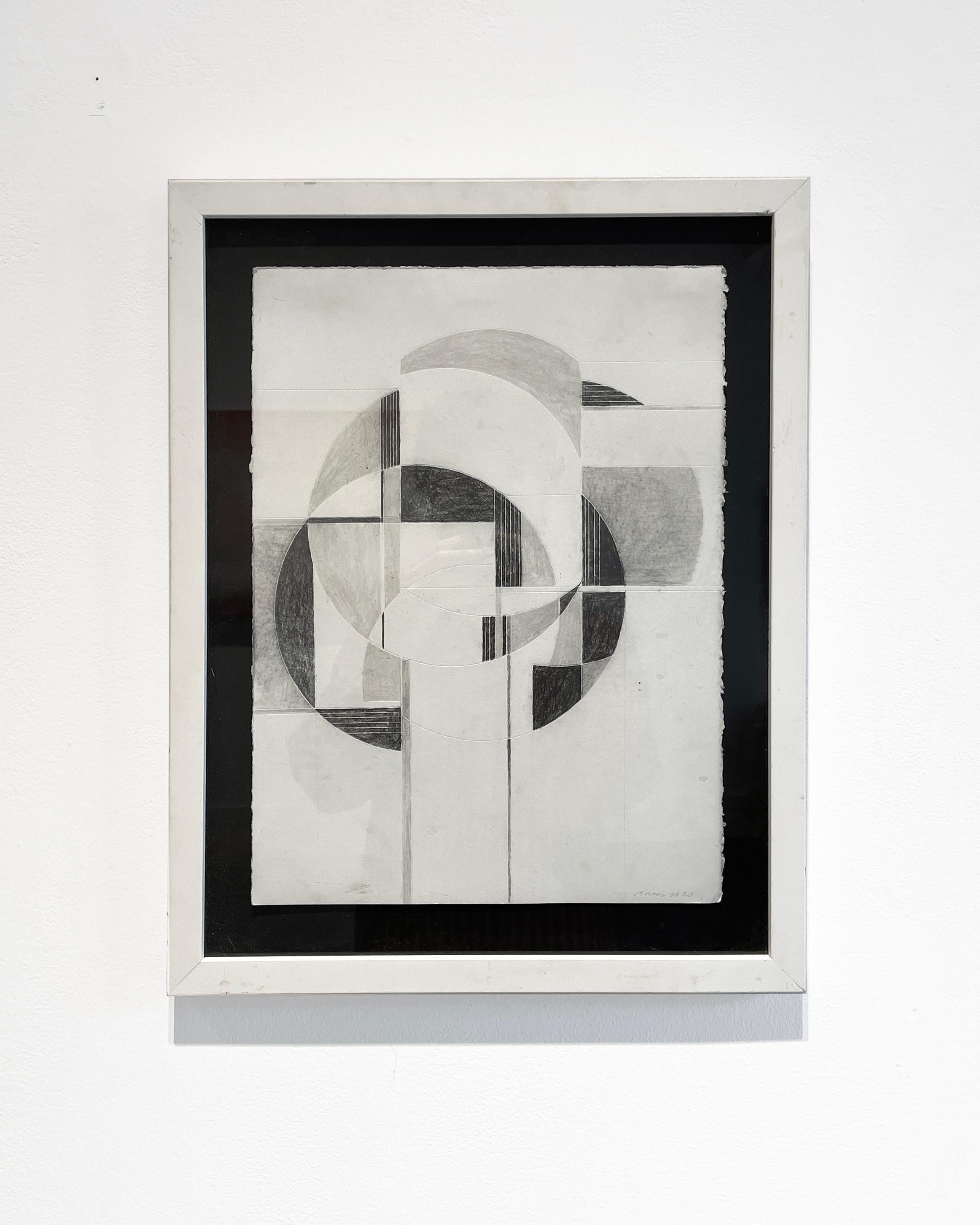 Oculus III (dessin encadré sur papier d'une abstraction géométrique en noir et blanc) - Art de David Dew Bruner