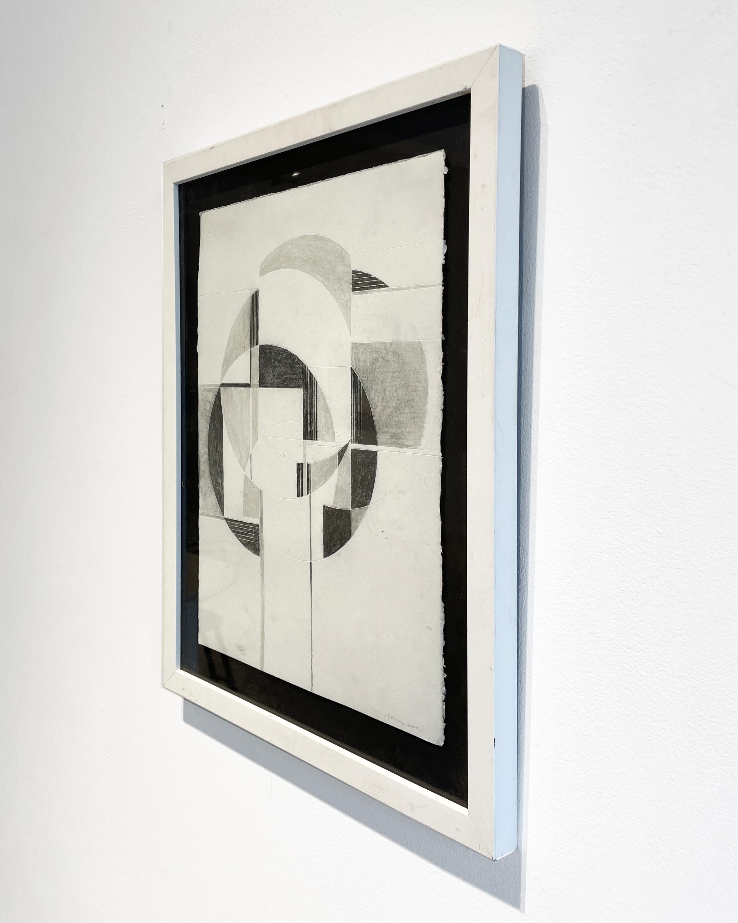 Pair of abstract geometric graphite drawings inspired by the moon in white frames

