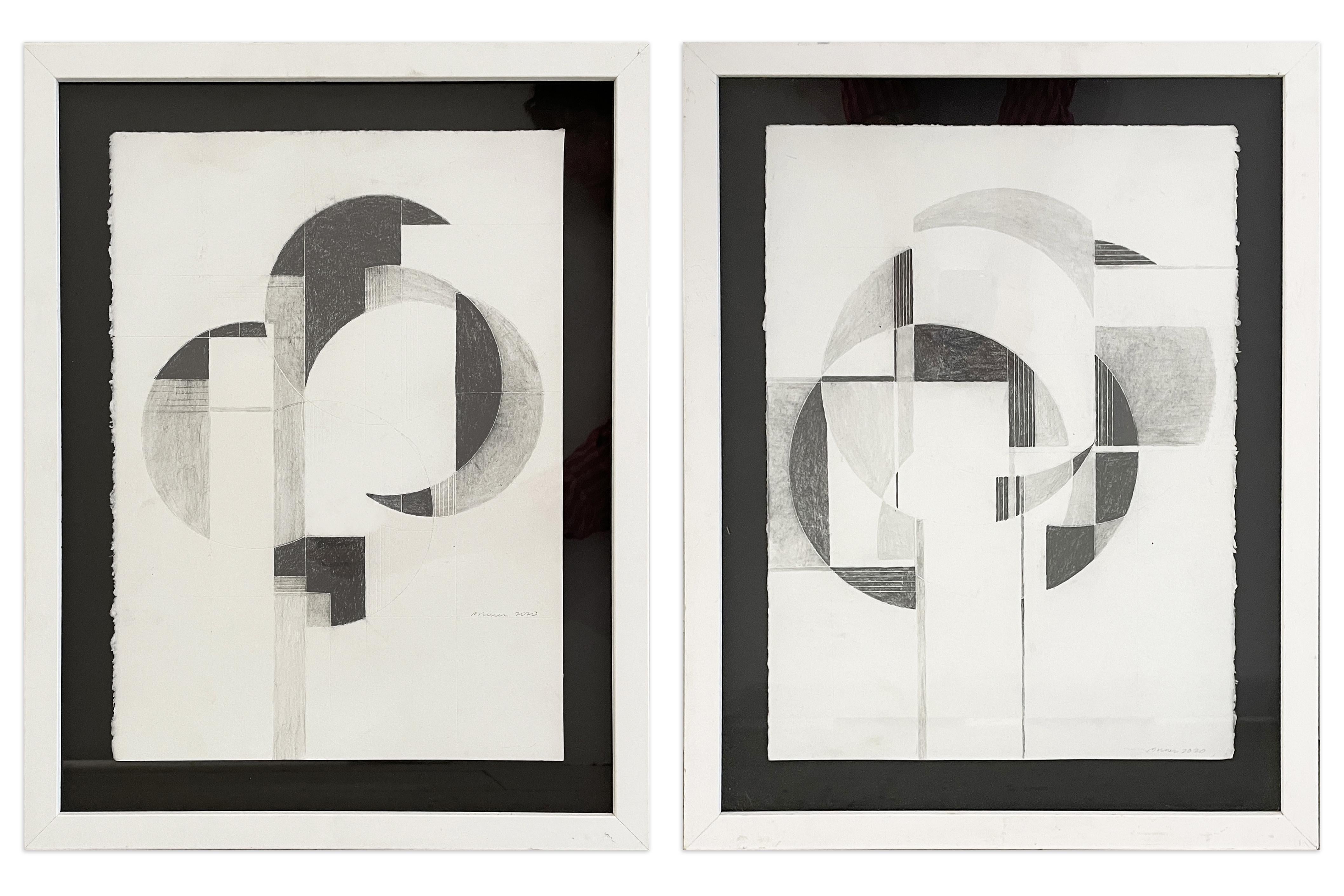 Oculus I & III (Diptych, Abstract Geometric Drawings in Graphite on Paper) - Mixed Media Art by David Dew Bruner