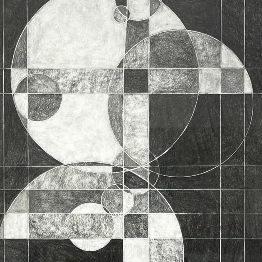Lunar Oculus III (dessin monochrome d'une abstraction géométrique dans un cadre vintage) - Géométrique abstrait Art par David Dew Bruner