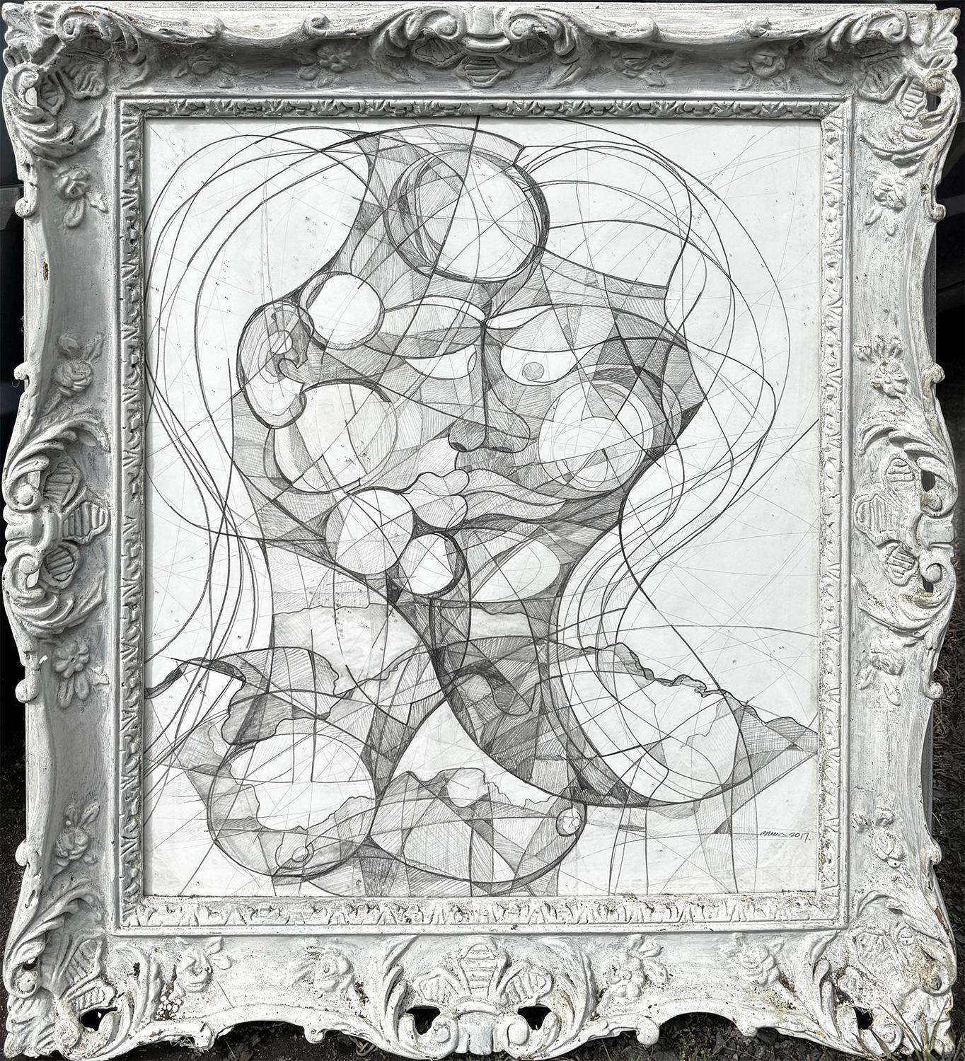 Janus Woman (Abstract Figurative Portrait Drawing on Paper in Antique Frame)