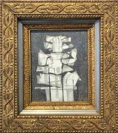 Infanta IX (Abstract, Cubist Figurative Graphite Drawing in Antique Gold Frame)