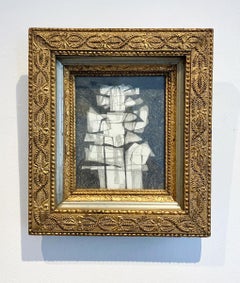 Infanta IX (Abstrakte, kubistische figurative Graphitzeichnung in antikem Goldrahmen)