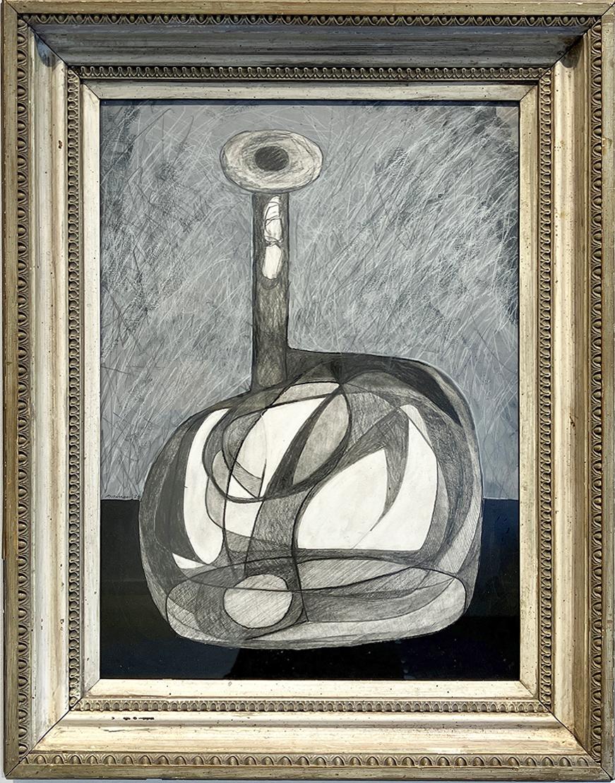 Morandi-Flasche (Abstrakte, kubistische Stillleben-Graphitzeichnung mit antikem Rahmen)