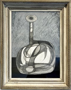 Morandi Bottle (Abstract, Cubist Still Life Graphite Drawing with Antique Frame)