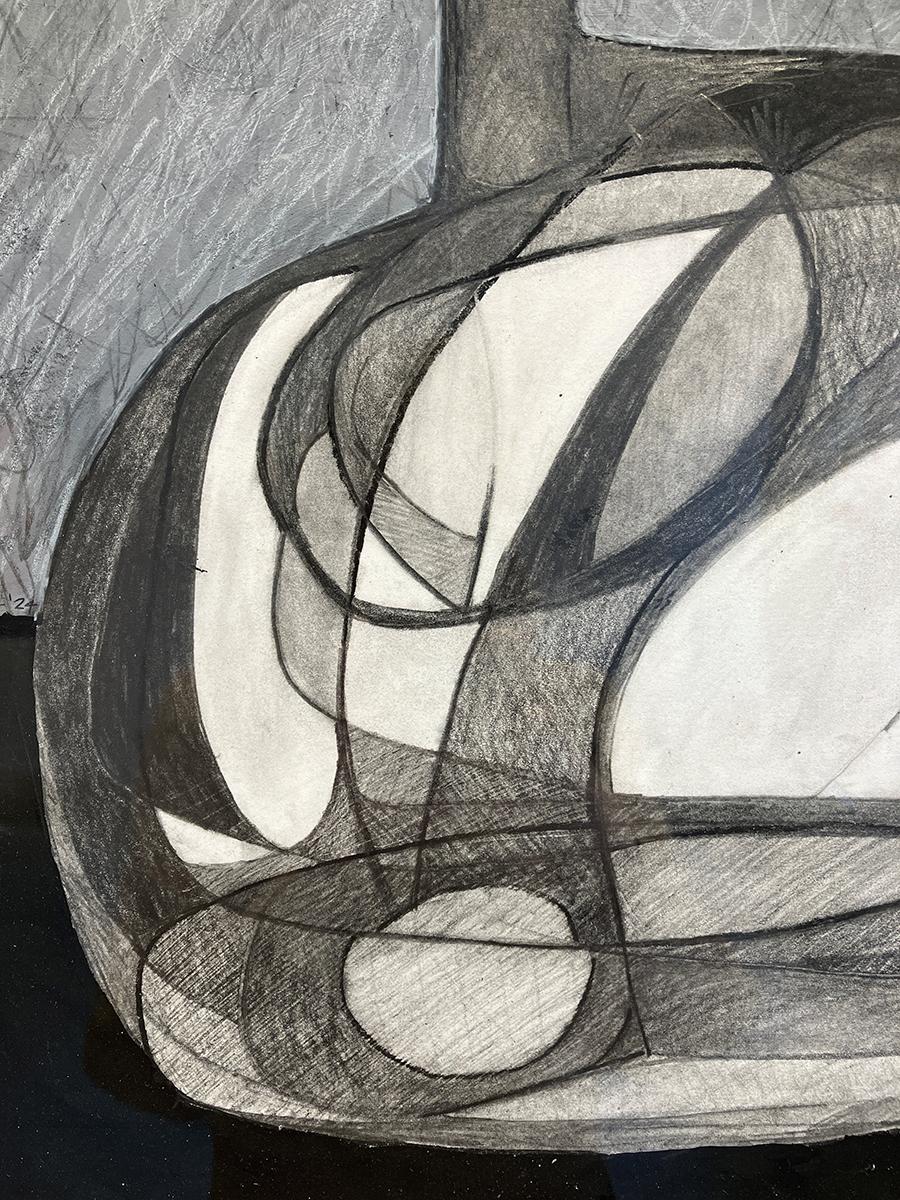 Abstraktes Stillleben im modernistischen Stil in Graphit und Acryl, inspiriert von Giorgio Morandis Flaschenstillleben 
