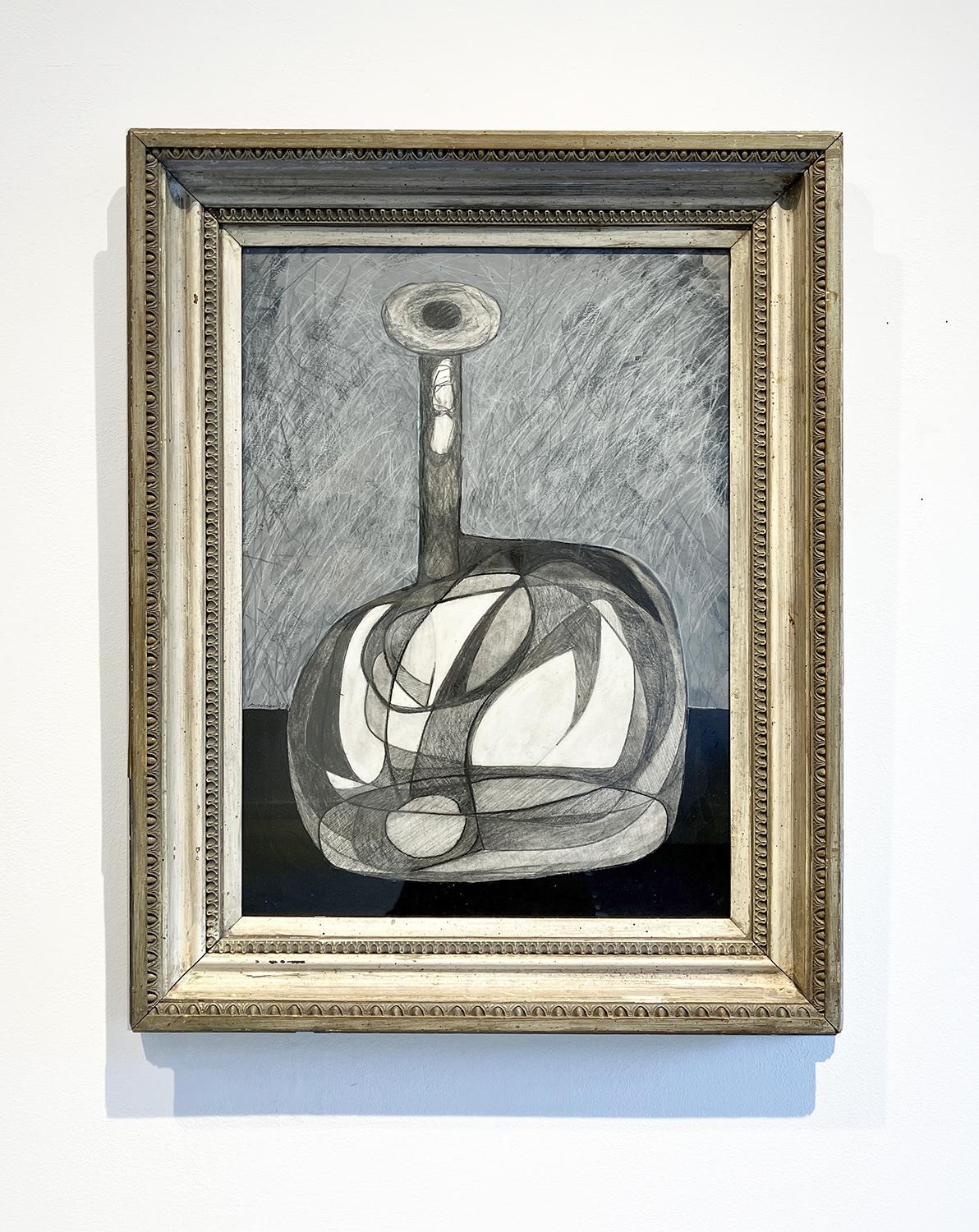 Morandi-Flasche (Abstrakte, kubistische Stillleben-Graphitzeichnung mit antikem Rahmen) – Art von David Dew Bruner