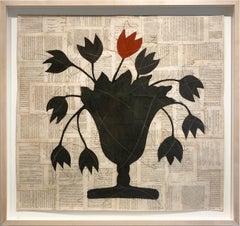 One Red One (Nature morte abstraite de fleurs noires et rouges dans un vase)