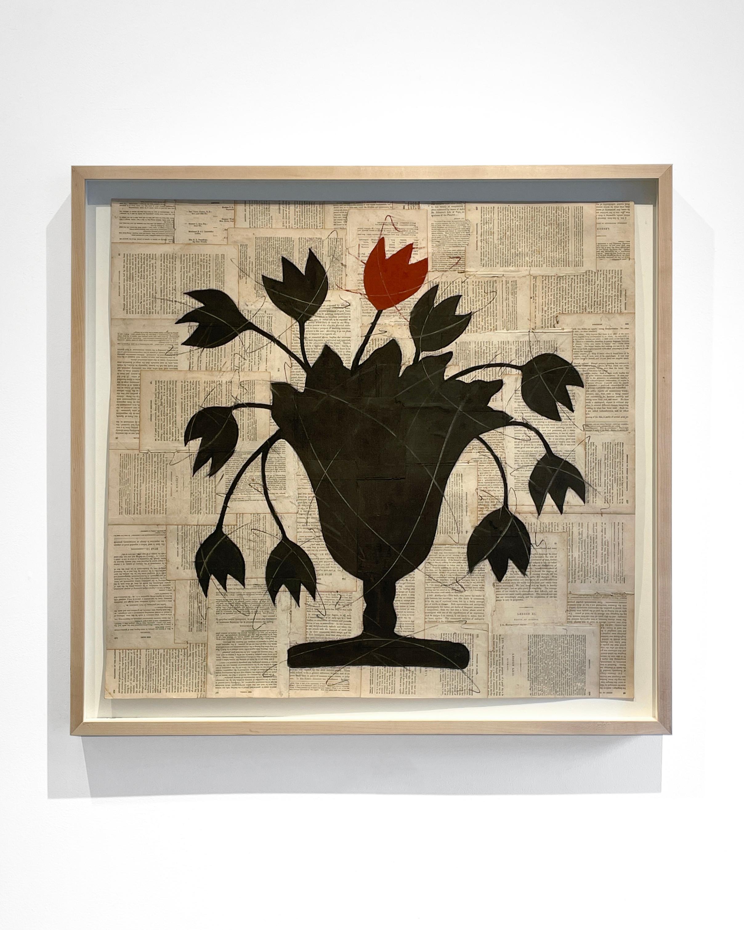 Uno rojo (Dibujo abstracto de bodegón de flores negras y rojas en un jarrón) - Art Moderno de Louise Laplante