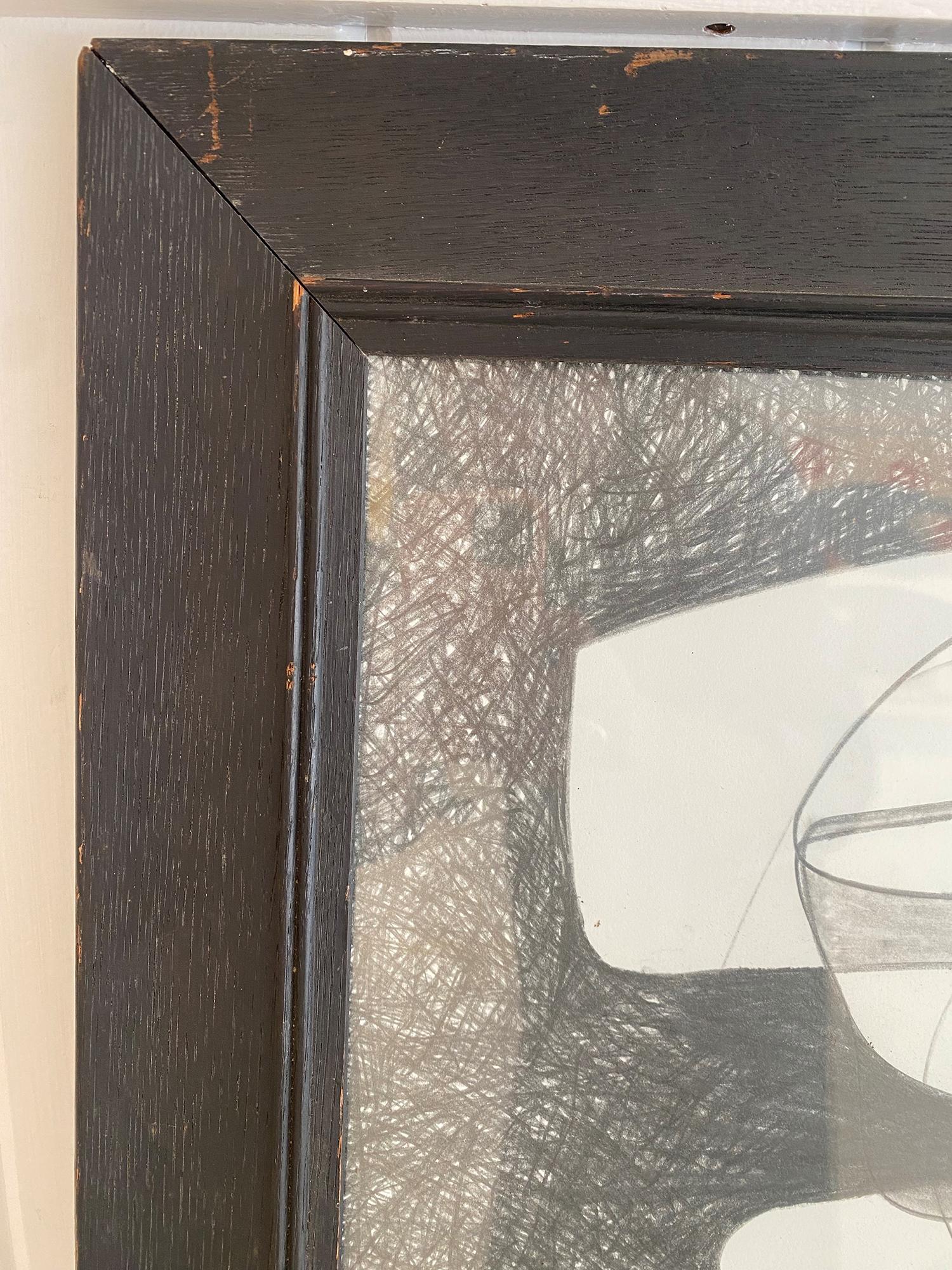Sutherland Project VII: Cubist Abstract Graphite Drawing with Antique Frame - Art by David Dew Bruner
