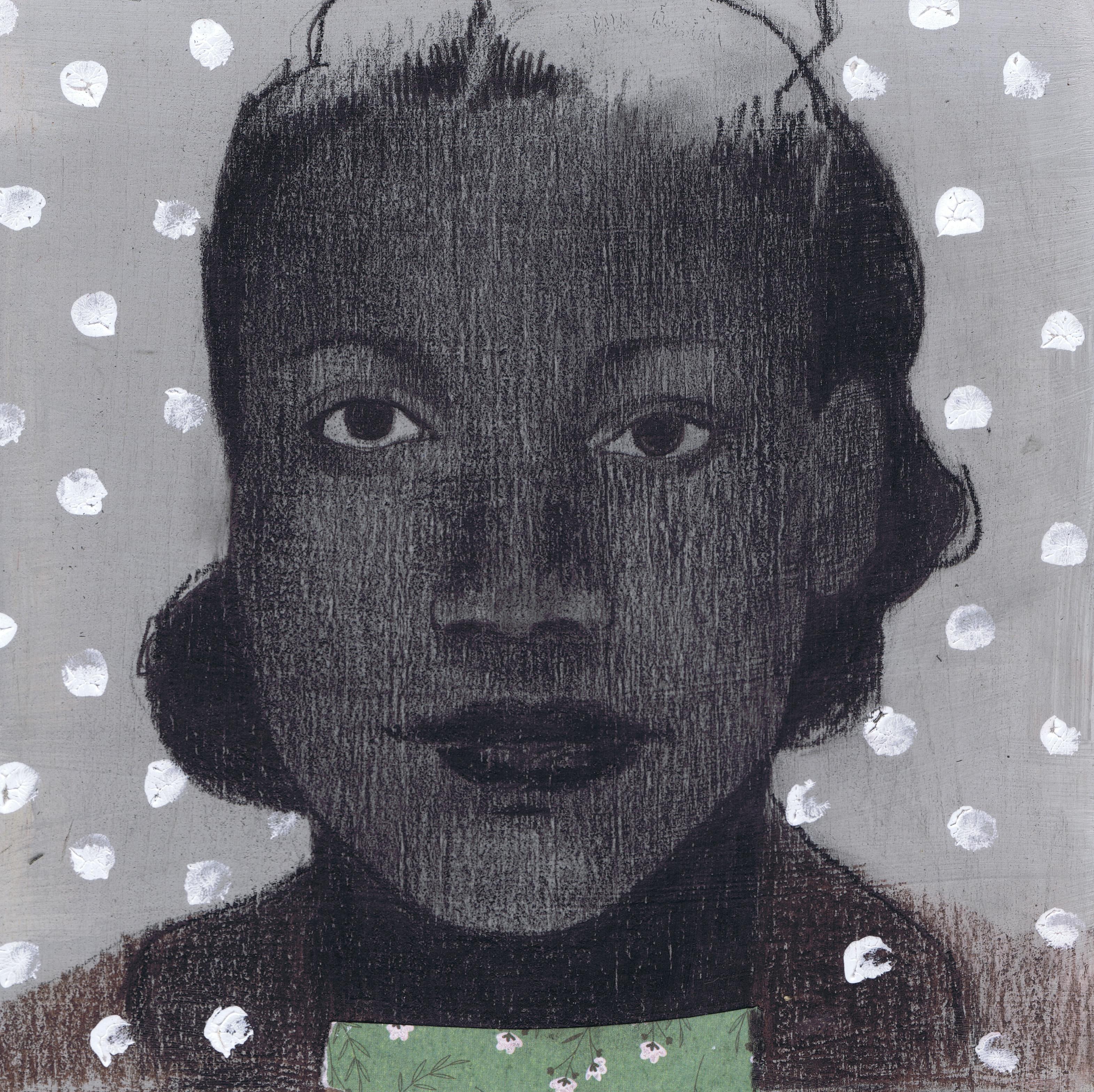 Ritratto di donna in grigio con pois bianchi e una striscia di media collage verdi
"Becca" di Ransome
2023
grafite, acrilico e collage su pannello
8 x 8 x 2 pollici, senza cornice
Il pezzo può essere appeso in modo attraente con o senza