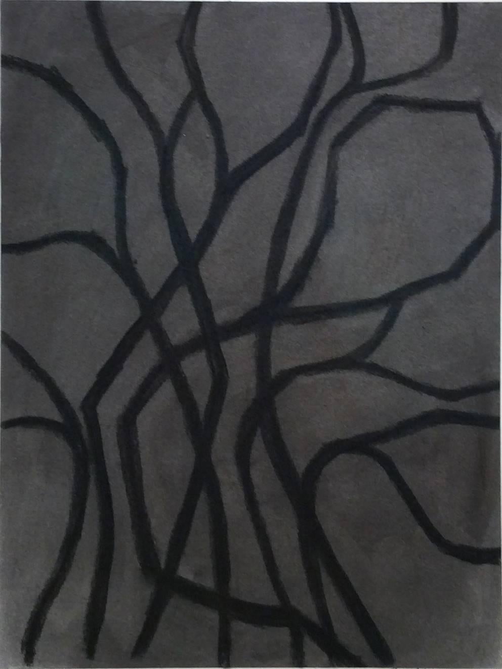 Abstract Drawing Ralph Stout - Sans titre n° 32 (D'un dessin abstrait moderne aux lignes vives noires et grises dans un cadre noir)