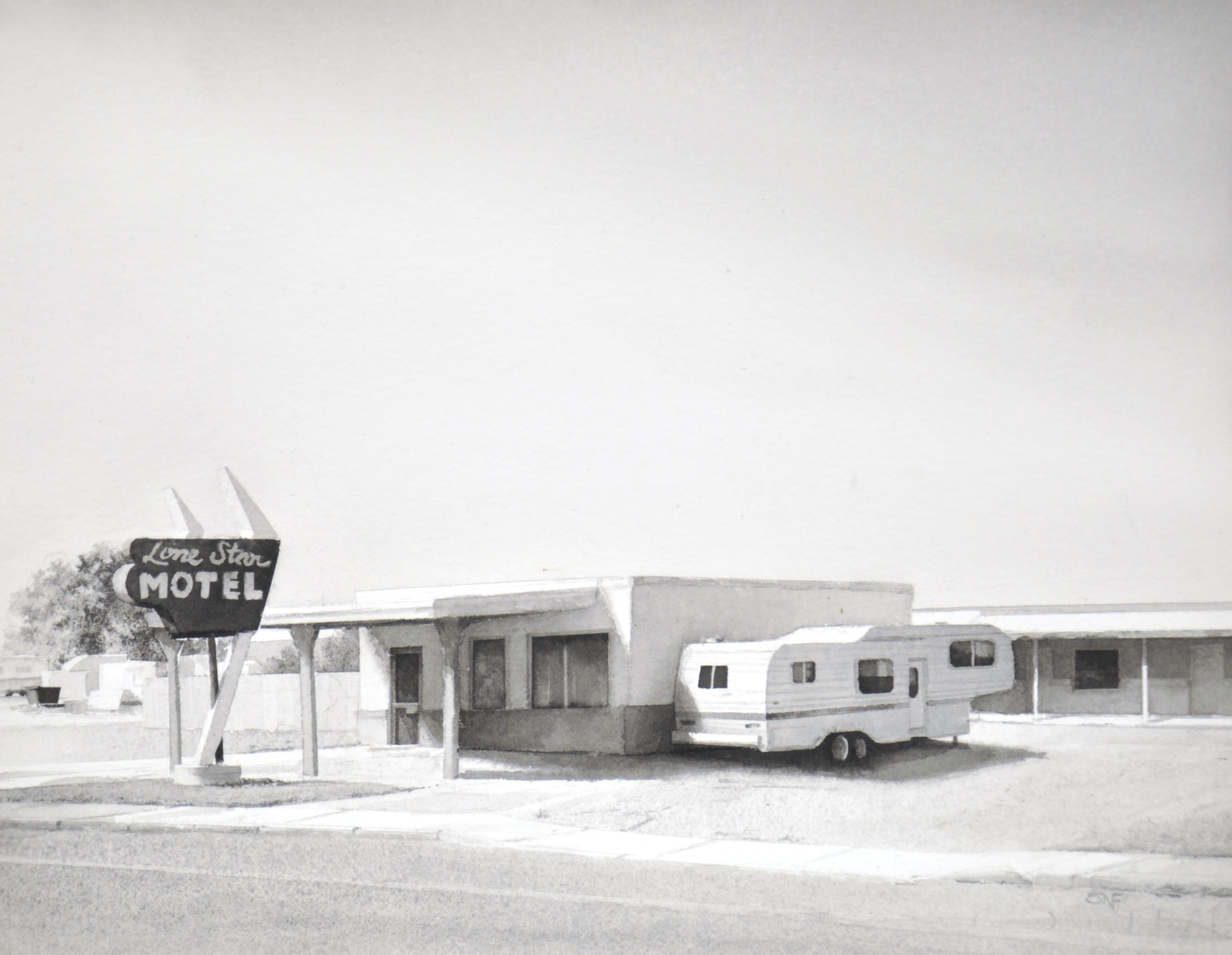 Lone Star Motel (aquarelle N&B d'un motel abandonné)