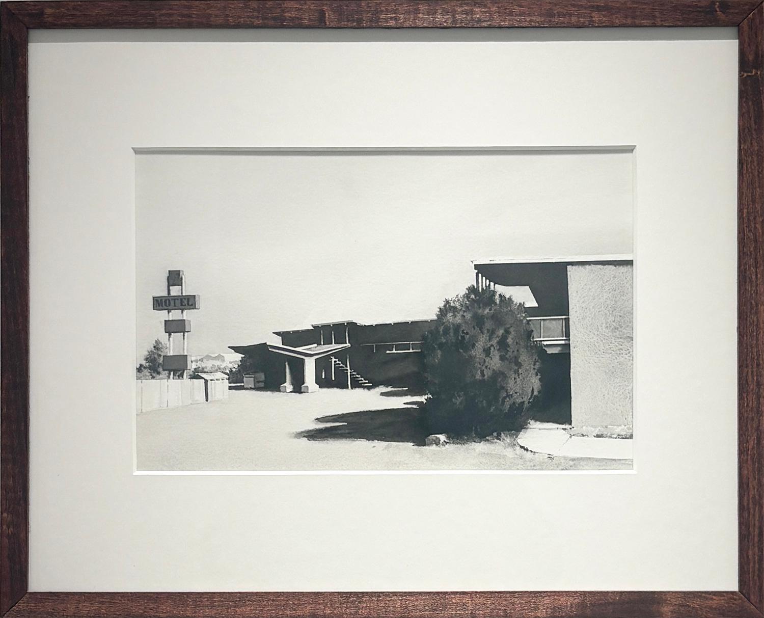 Thunderbird II (aquarelle en noir et blanc d'un motel abandonné) - Art de Scott Nelson Foster