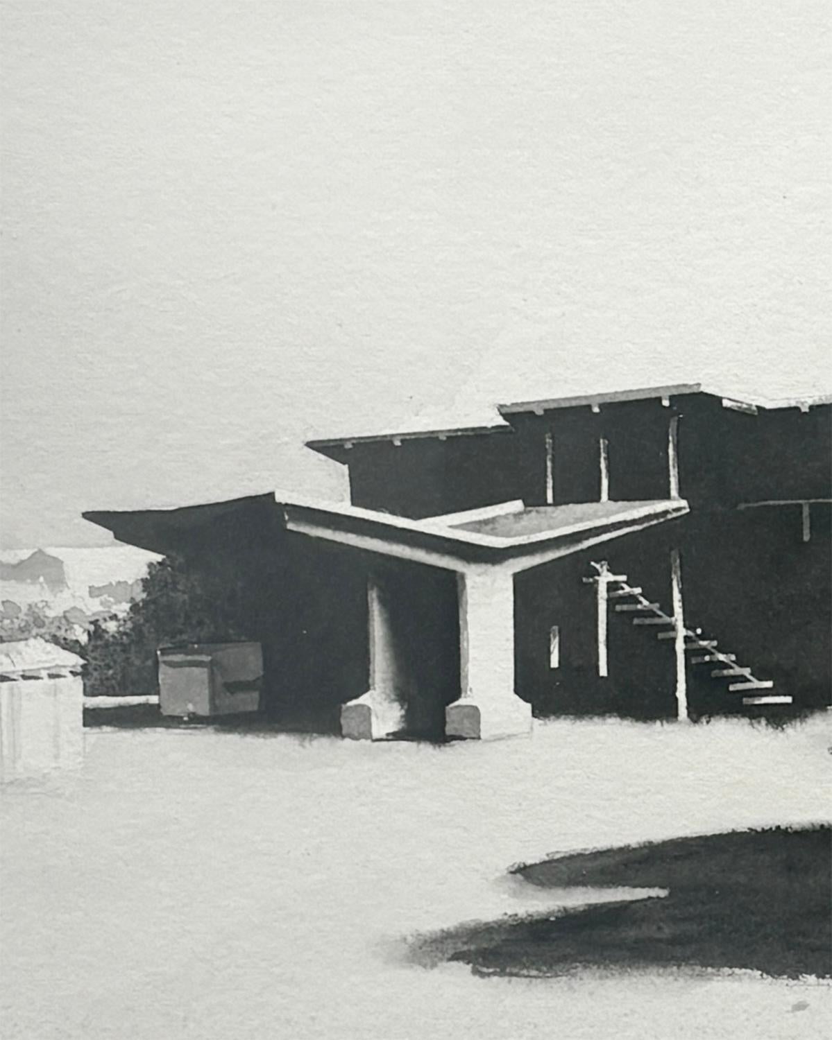 Thunderbird II (aquarelle en noir et blanc d'un motel abandonné) - Photoréalisme Art par Scott Nelson Foster
