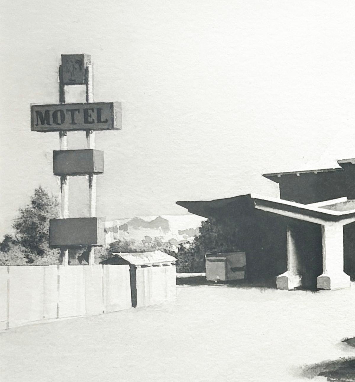 Thunderbird II (aquarelle en noir et blanc d'un motel abandonné) - Gris Landscape Art par Scott Nelson Foster