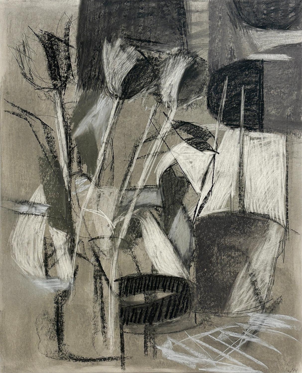 Dibujo Verano 2 (Naturaleza muerta cubista abstracta Flor en jarrón al carboncillo))