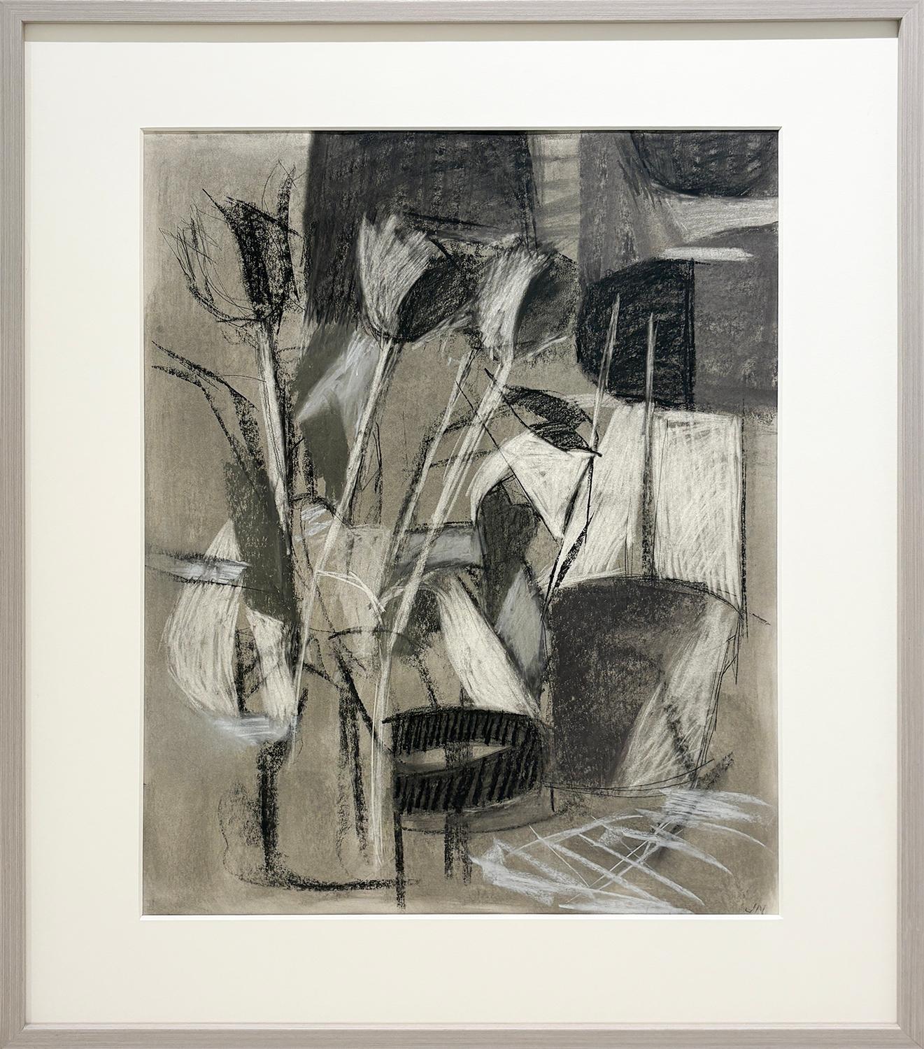 Drawing Summer 2 (Abstract Cubist Still Life Flower in Vase in Charcoal)) - Art by Jenny Nelson