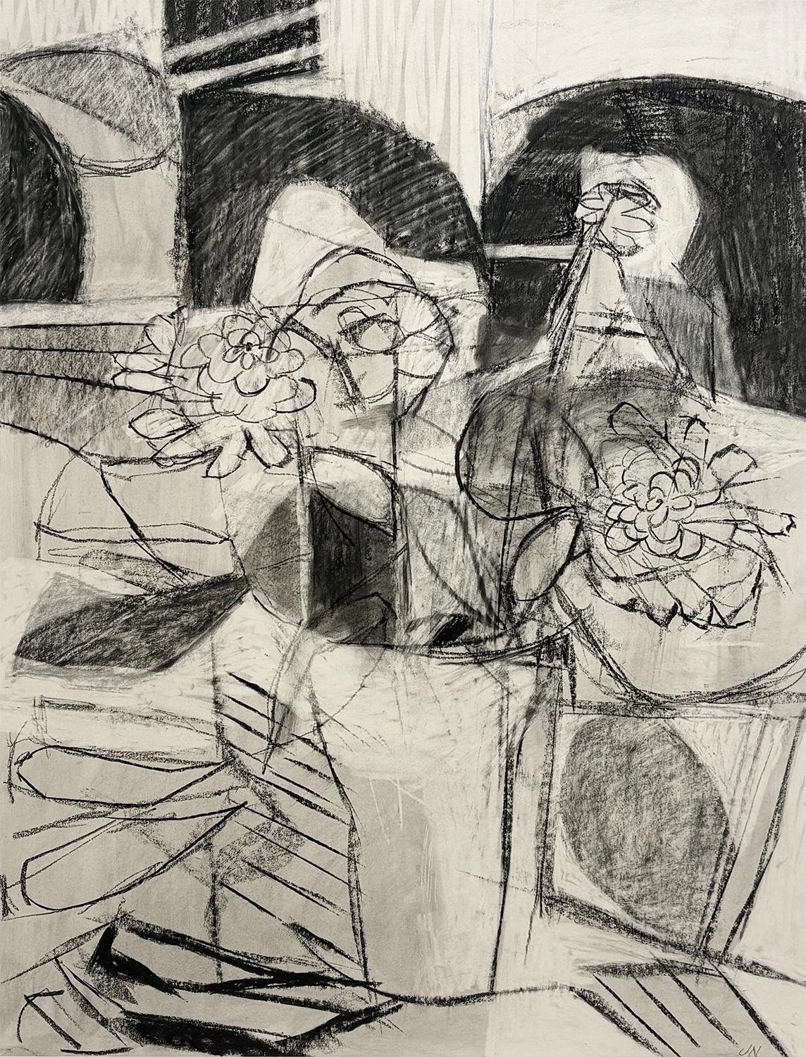 Zeichnung Sommer 1 (Abstraktes Schwarz-Weiß-Stillleben, Blume in Vase, Zeichenkohle)