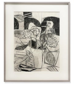 Disegno Estate 1 (Natura morta astratta in bianco e nero con fiori in vaso, carboncino)