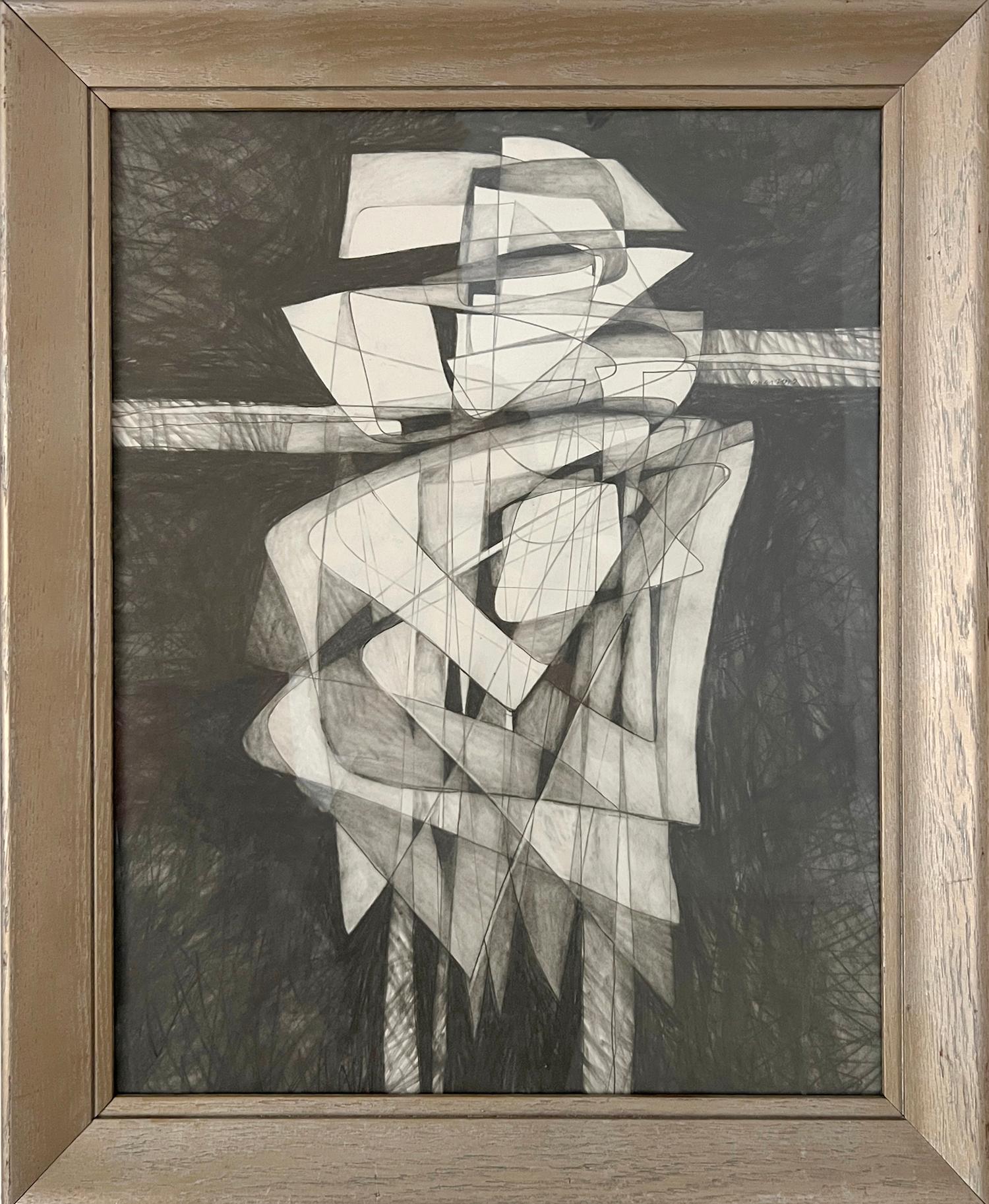David Dew Bruner Figurative Art - Winged Figure III: Cubist Abstract Figurative Graphite Drawing in Antique Frame