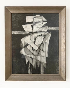 Winged Figure III: Cubist Abstract Figurative Graphite Drawing in Antique Frame
