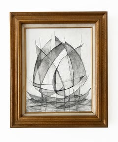 Wood, Wind & Water II (Dessin abstrait cubiste dans un cadre Vintage)