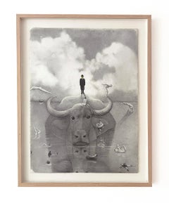 Magritte on Buffalo Island (Contemporary Surrealist Pencil Drawing on Paper)