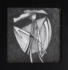 Jazz Figure 1 (Small Square Abstract Cubist Graphite Drawing in Vintage Frame)