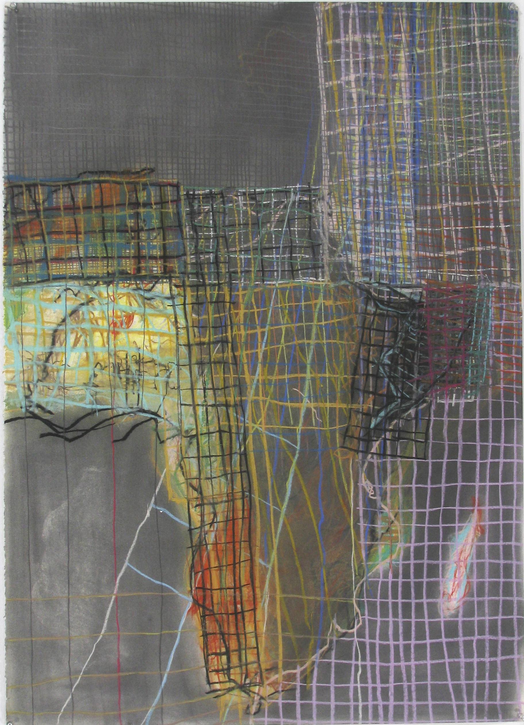 Geography #4 (Abstract Grid Pastel Drawing of Africa in Light Wood Frame) 