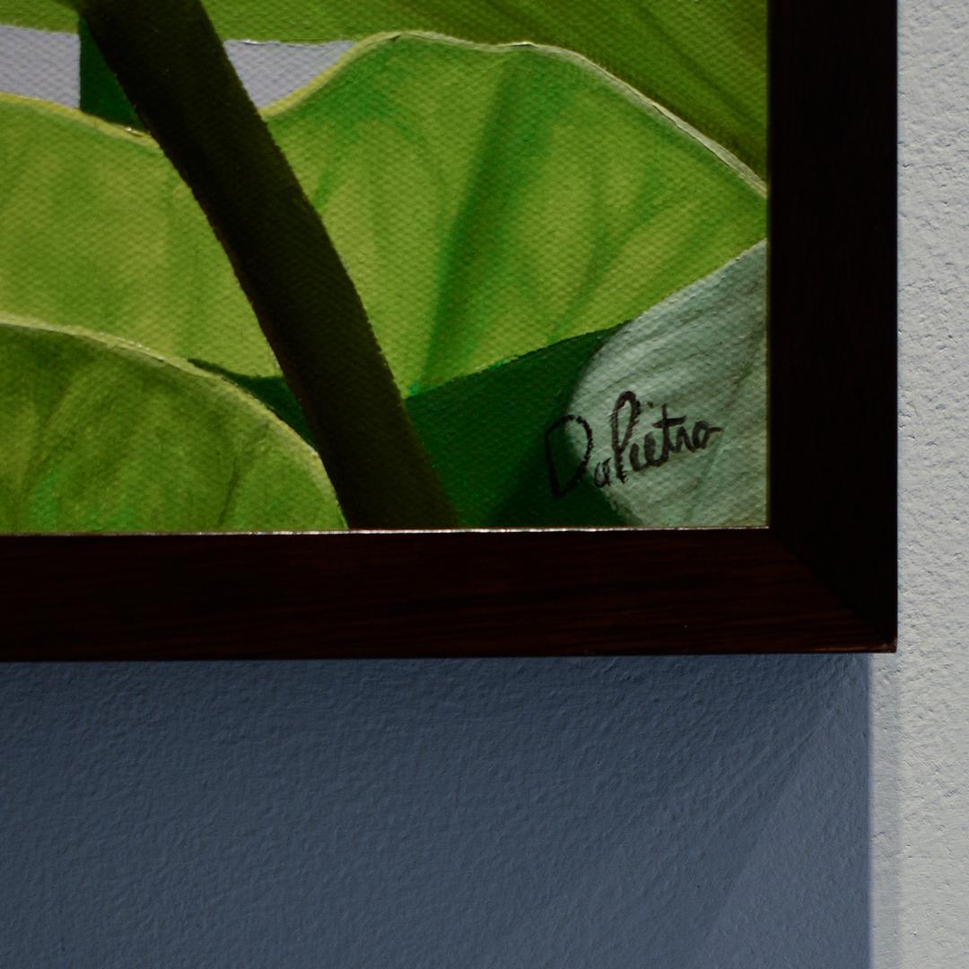 20 x 16 x 1.5 inches
oil on canvas
Painted with the exactness of a still life photograph, this hard edge realist painting by artist Frank DiPetiro of Lotus leaves and buds about to bloom glows with green luminescence against a pale gray