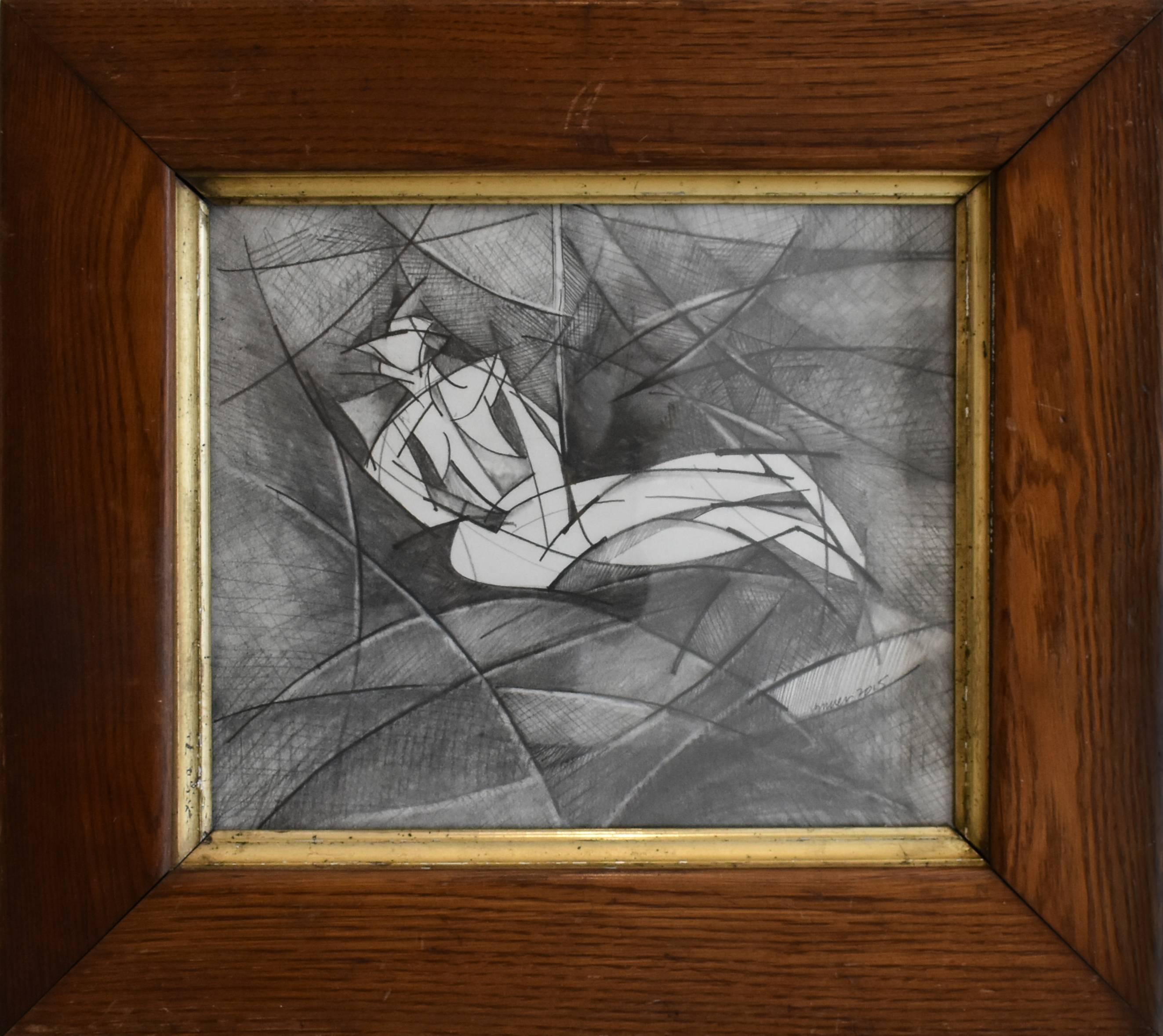 David Dew Bruner Figurative Art - Olympia XI (Abstract Cubist Style, Modern Graphite Drawing with Vintage Frame)
