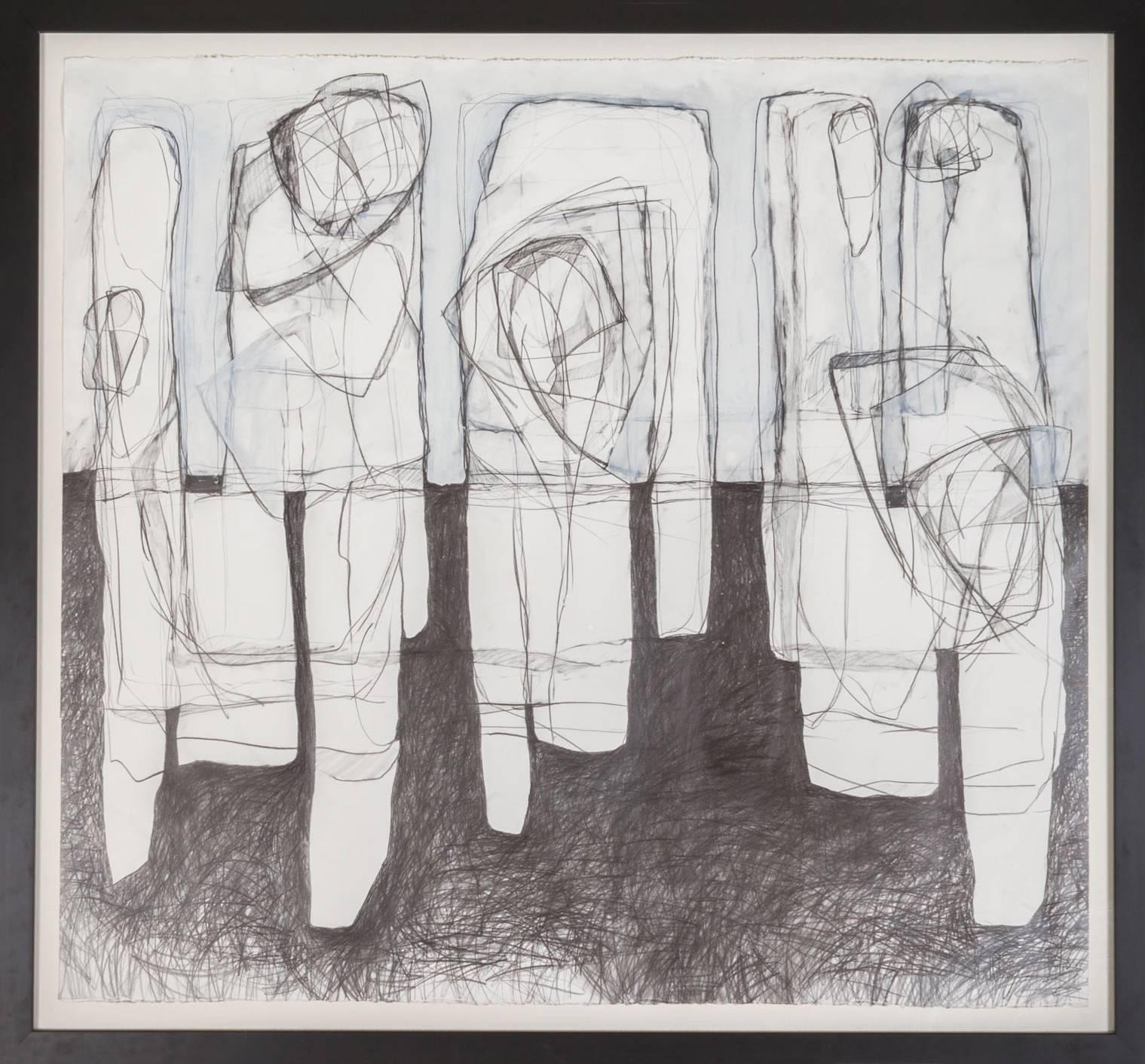 Three Figures (Black & White Abstract Graphite Drawing in Contemporary Frame)