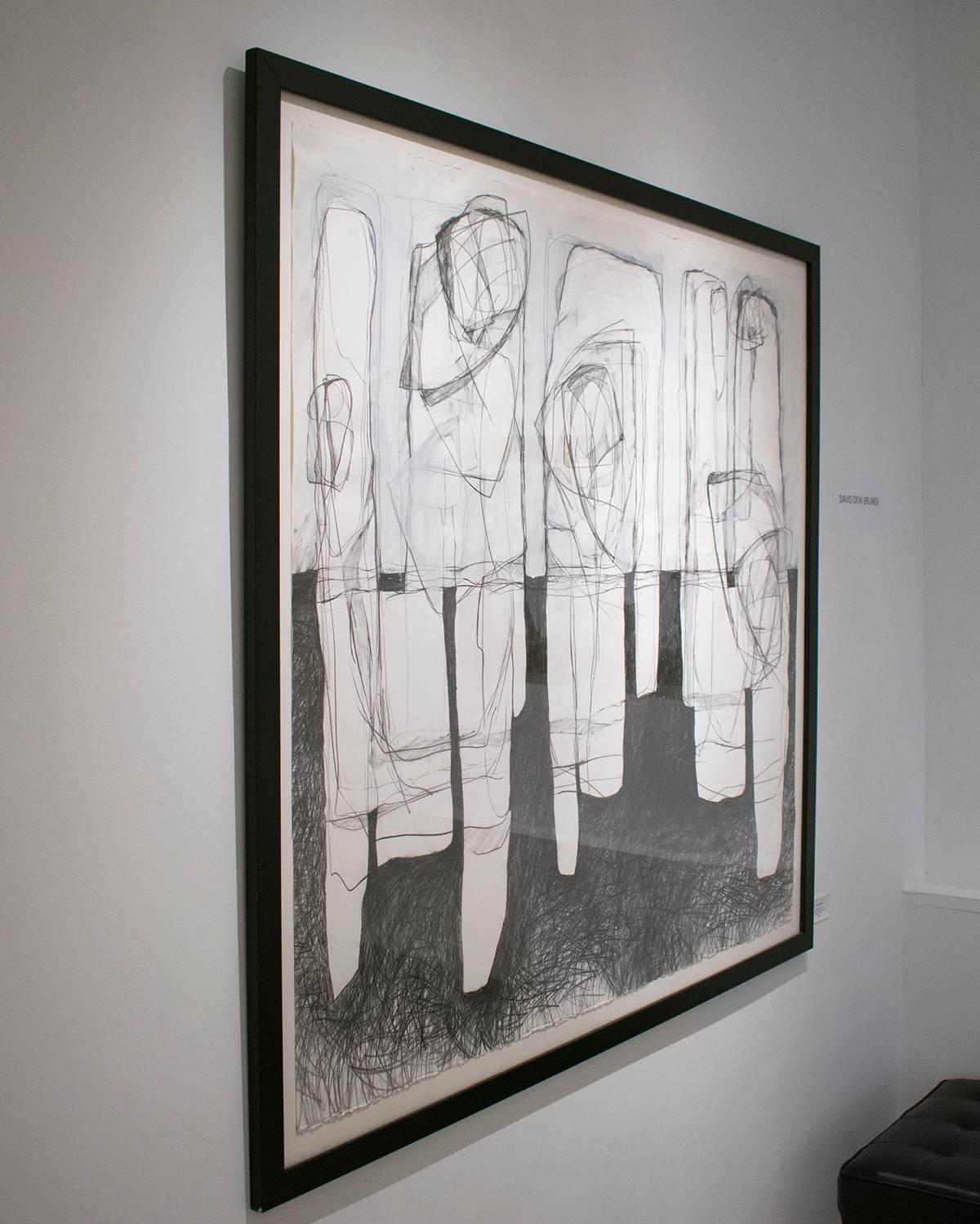 Three Figures (Black & White Abstract Graphite Drawing in Contemporary Frame) - Art by David Dew Bruner