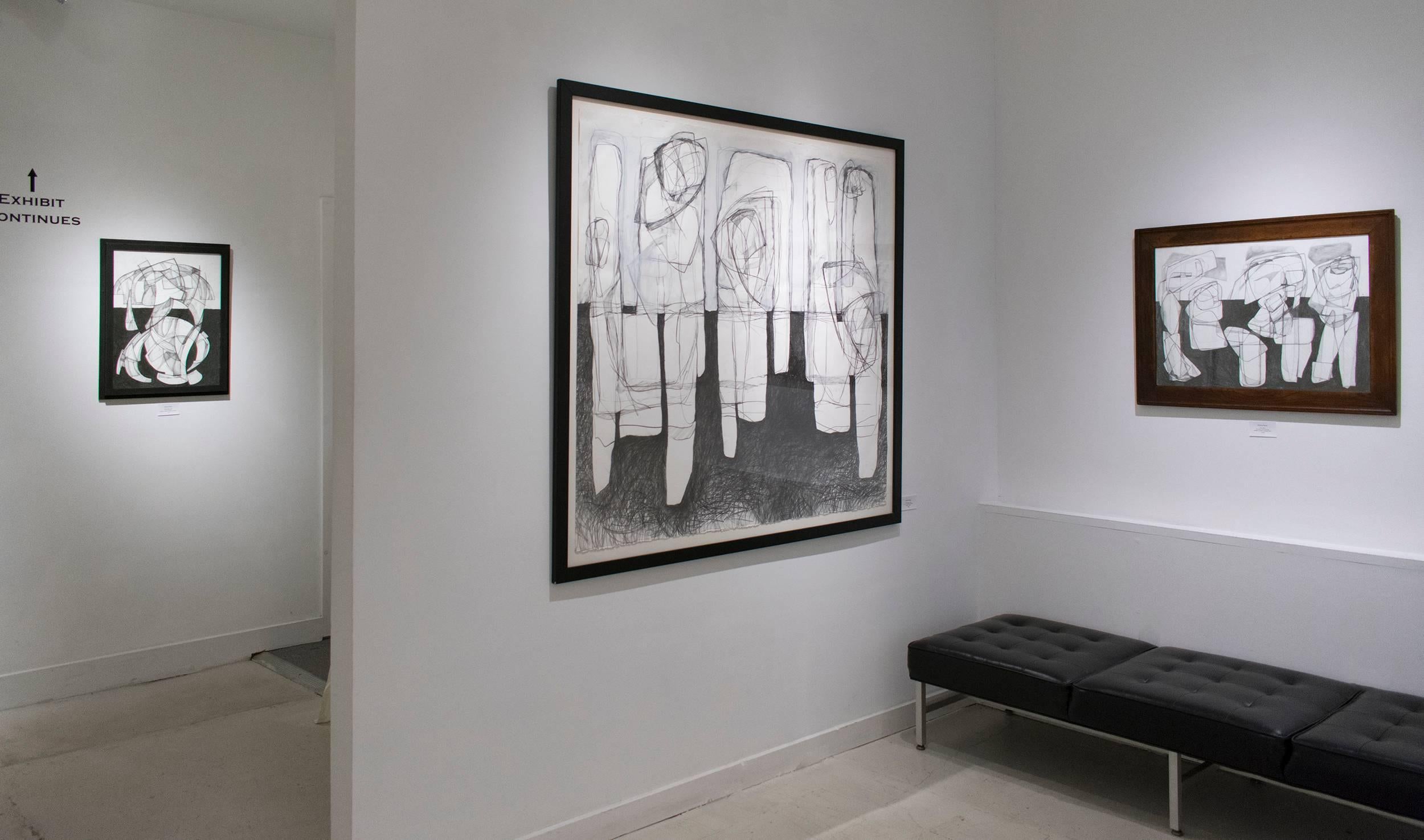 Three Figures (Black & White Abstract Graphite Drawing in Contemporary Frame) - Gray Figurative Art by David Dew Bruner