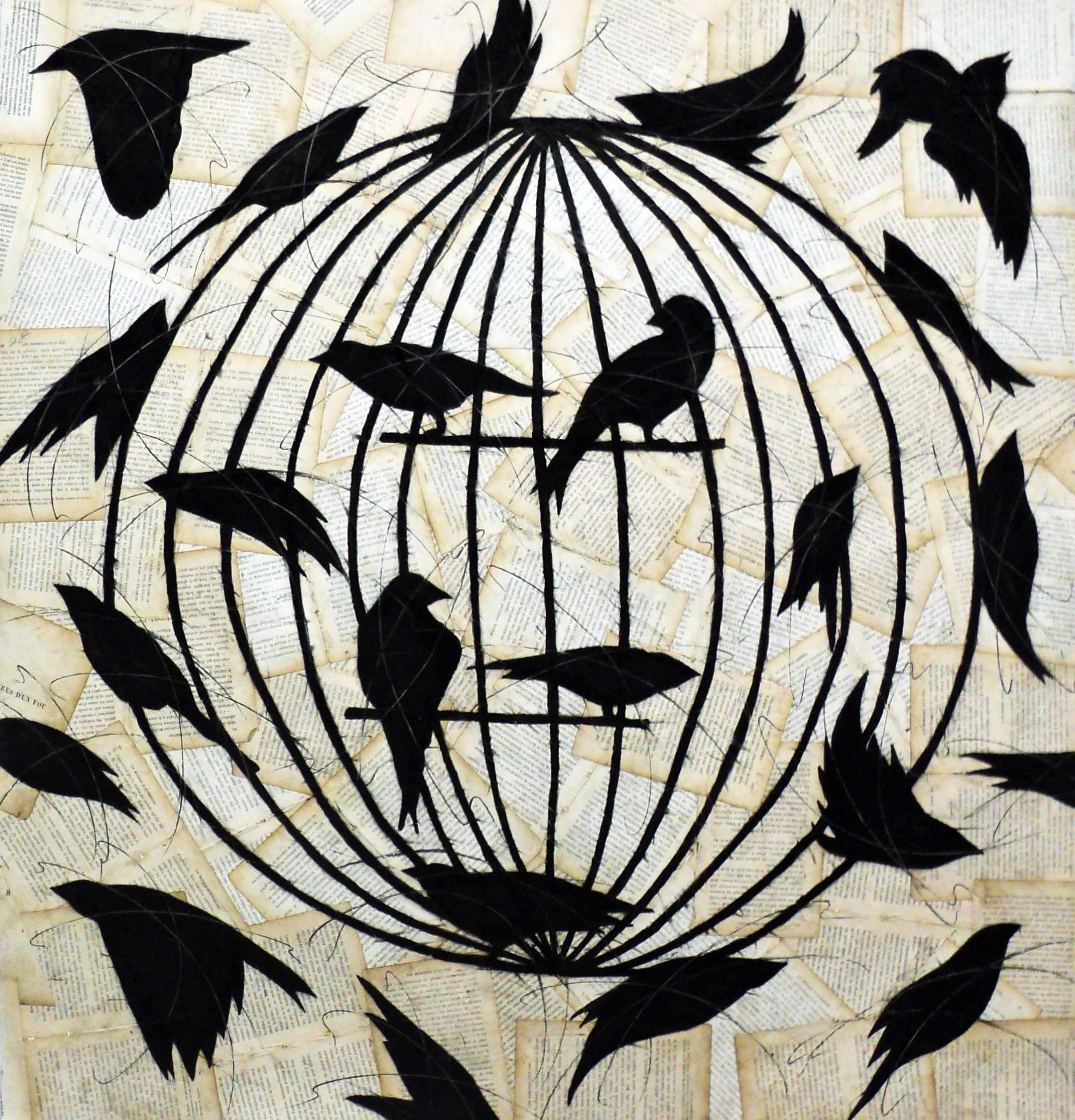 Louise Laplante Animal Art - La Cage d'un Fou (Figurative Chalk Drawing of Black Birds on Vintage Book Pages)