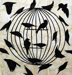 La Cage d'un Fou (Figurative Chalk Drawing of Black Birds on Vintage Book Pages)
