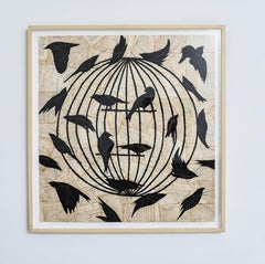 La Cage d'un Fou (Figurative Chalk Drawing of Black Birds on Vintage Book Pages)