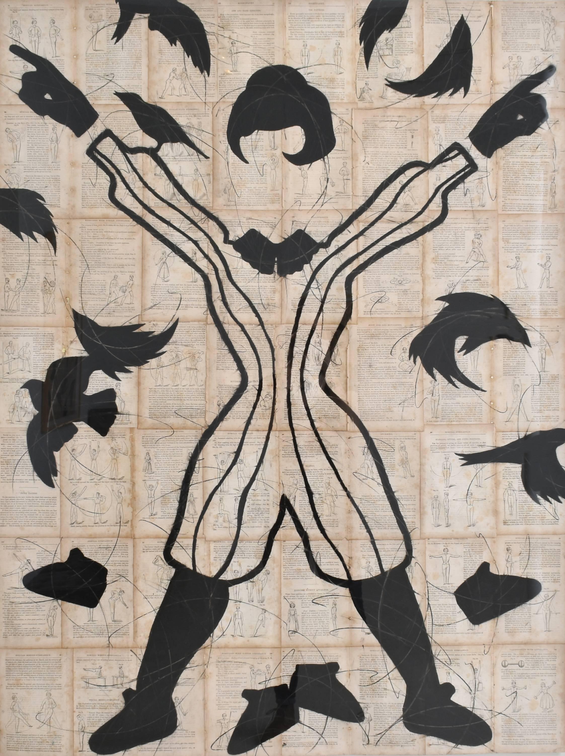 Vitruvian Woman (Figurative Chalk Drawing of a Female Silhouette & Black Birds)