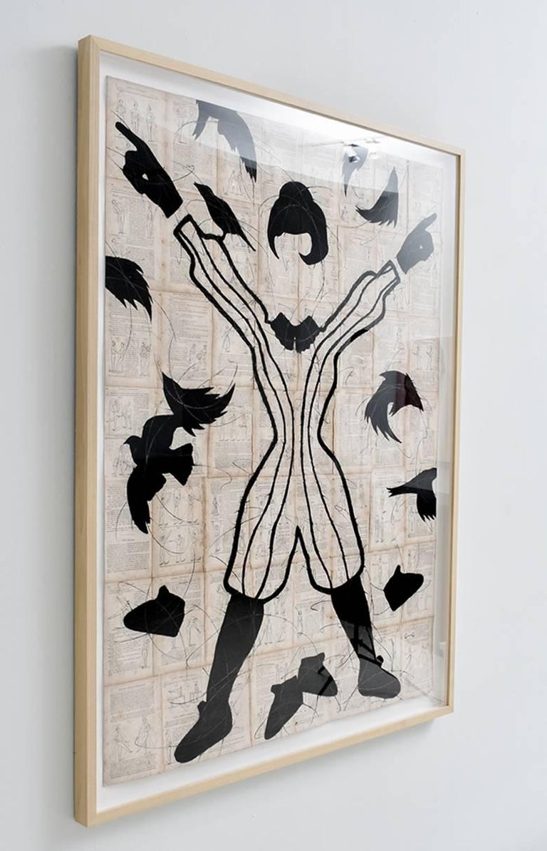 Figurative chalk drawing of a woman's silhouette and flying black birds
Artwork measures 48 x 36 inches
52 x 40 inches framed, deckle edge paper is floated in natural wood moulding with glass. 

This modern, graphic chalk drawing on collaged vintage