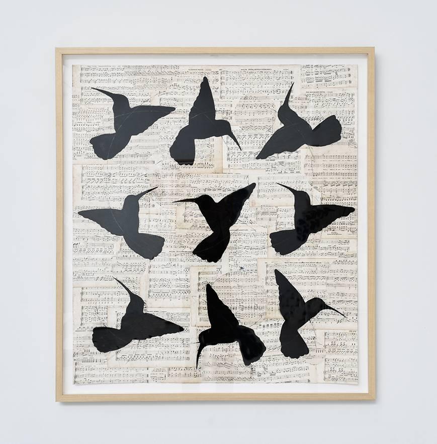 Circular Songs (Chalk Drawing of Black Hummingbirds on Vintage Sheet Music) - Art by Louise Laplante